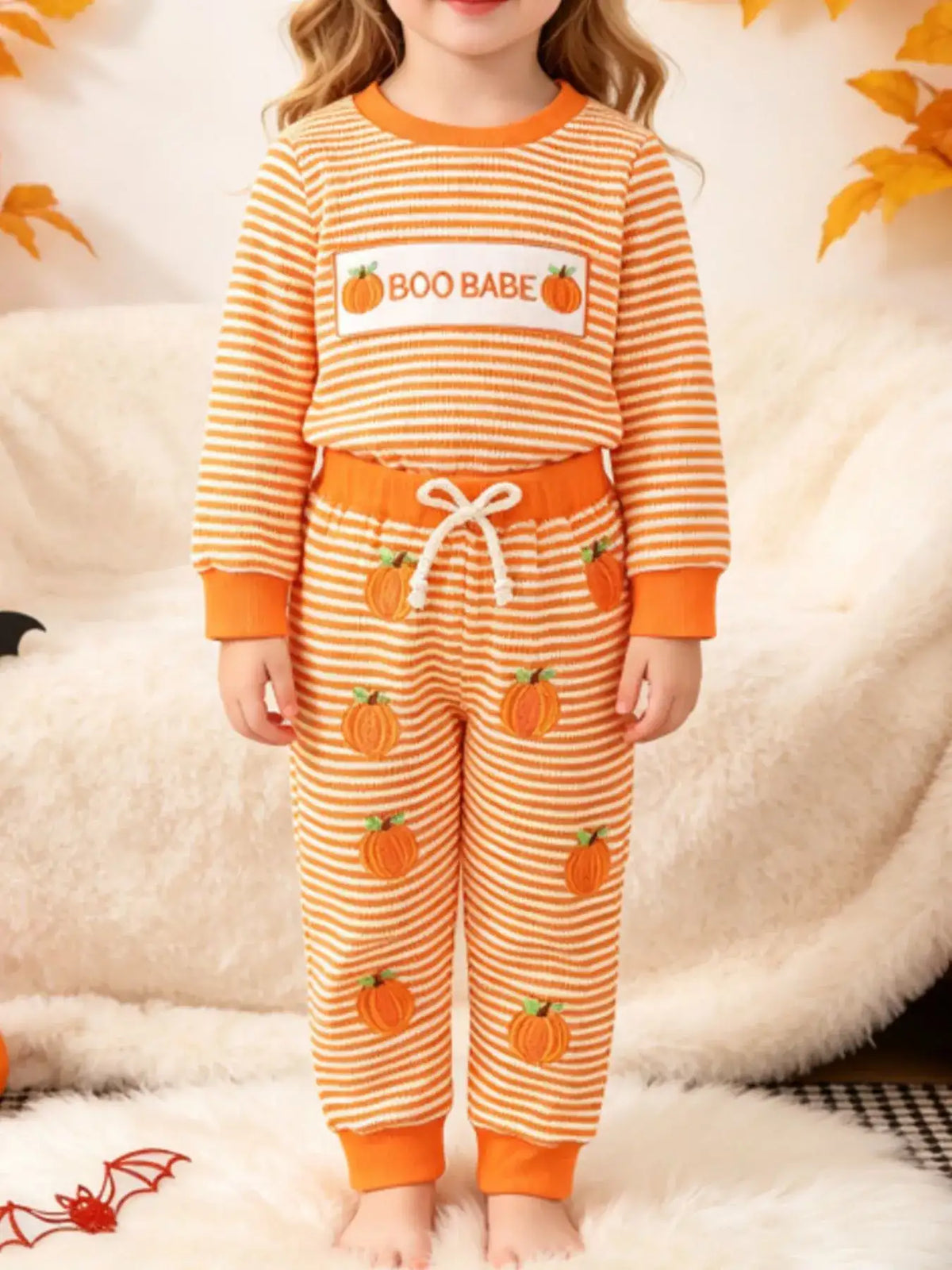 Children's Halloween Pumpkin Striped Long Sleeve Pajama Set - Trendsi - Flyclothing LLC