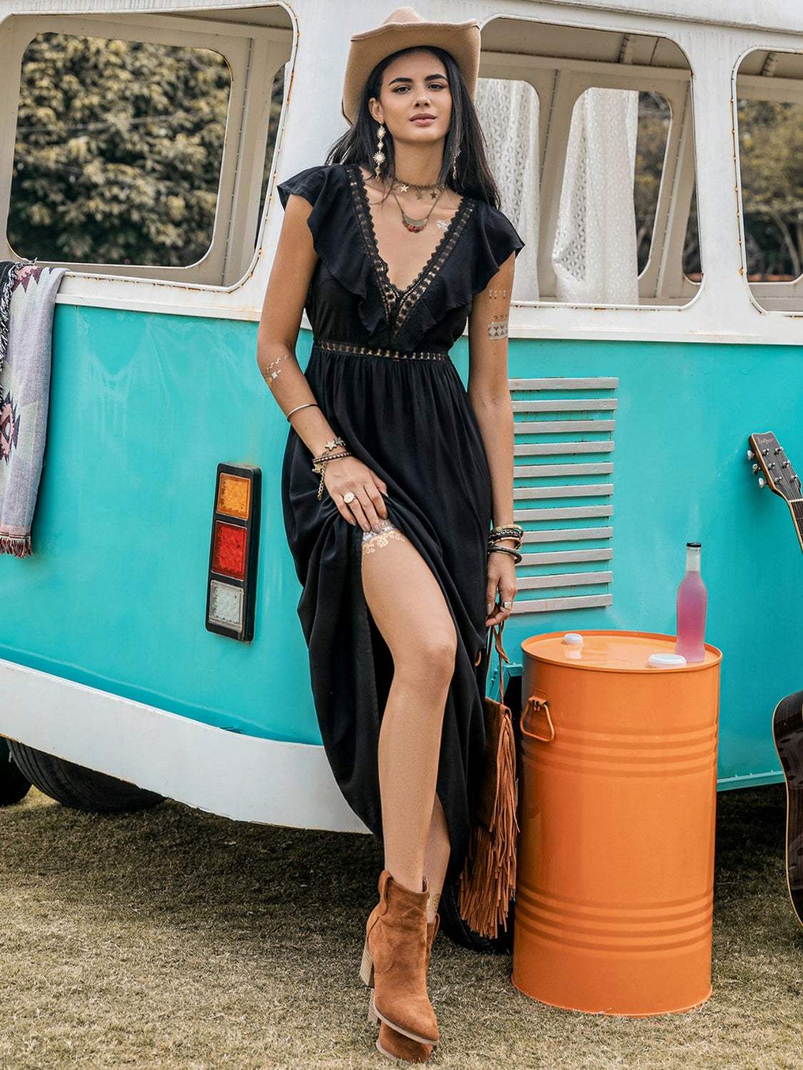 Lace Detail Plunge Cap Sleeve Midi Dress - Trendsi - Flyclothing LLC