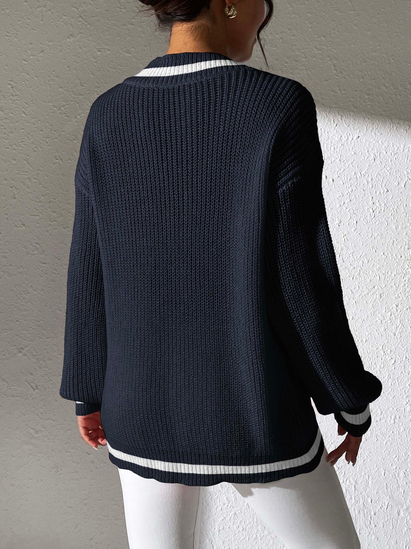 Contrast Trim V-Neck Long Sleeve Sweater - Trendsi - Flyclothing LLC