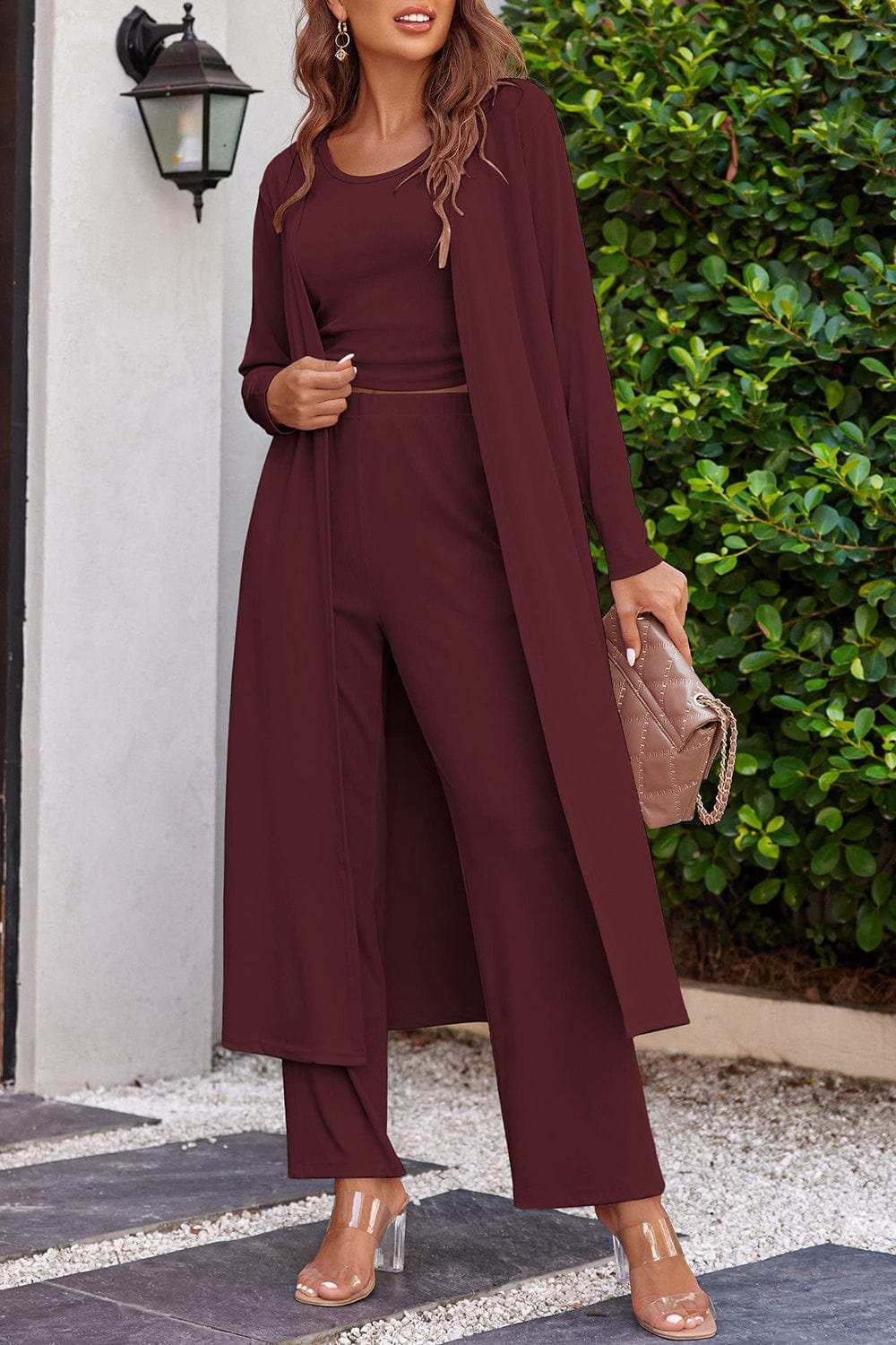 Drawstring Tank, Long Sleeve Cover Up and Pants Set - Trendsi - Flyclothing LLC