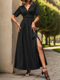 Lace Detail Slit V-Neck Short Sleeve Dress - Trendsi