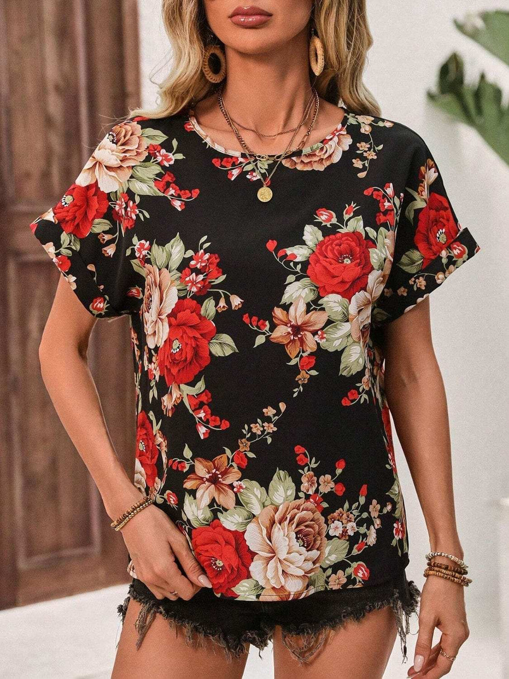 Contrast Round Neck Short Sleeve Blouse - Trendsi - Flyclothing LLC