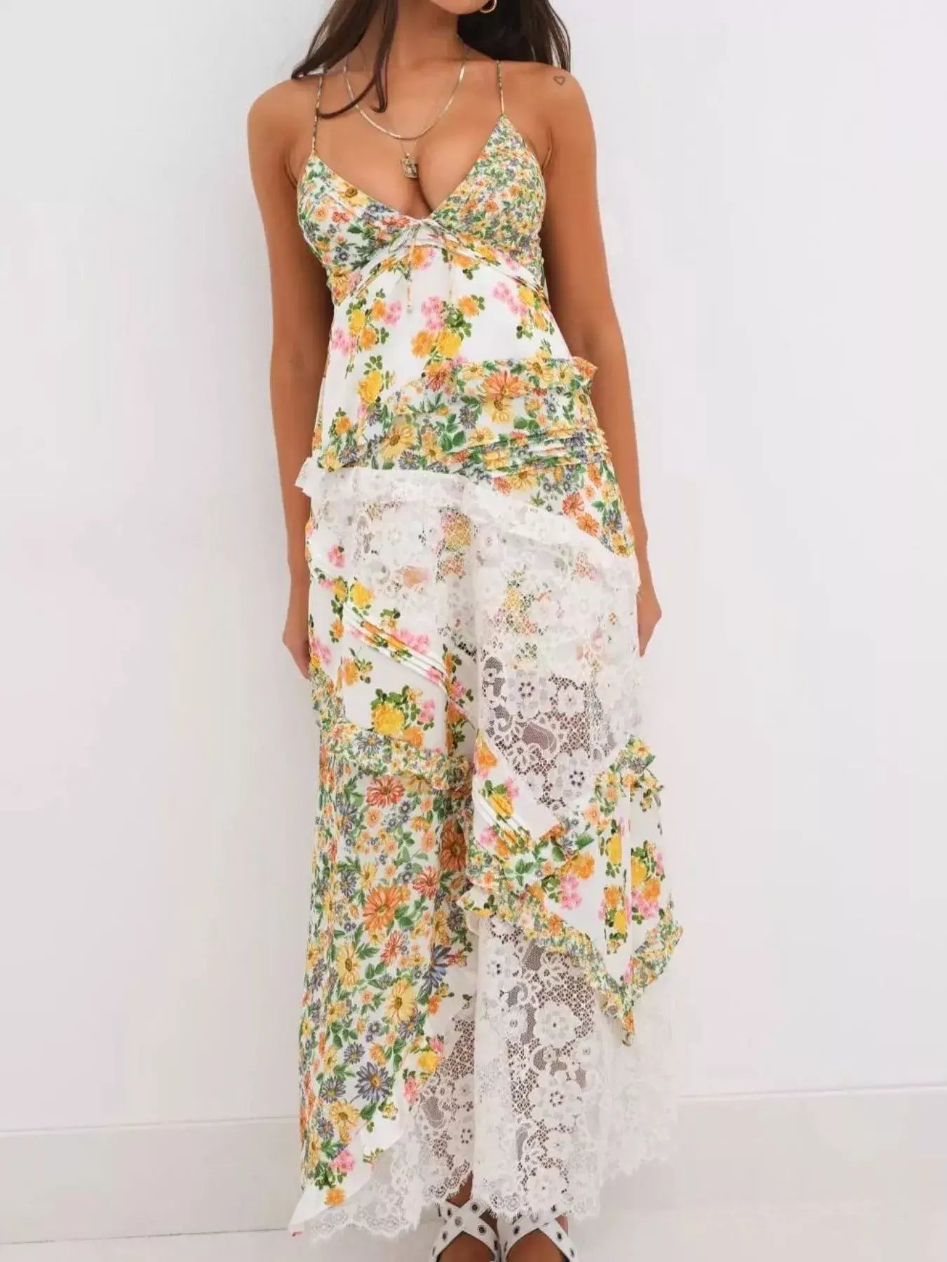 Lace Detail Ruffled Floral V-Neck Maxi Dress - Trendsi - Flyclothing LLC