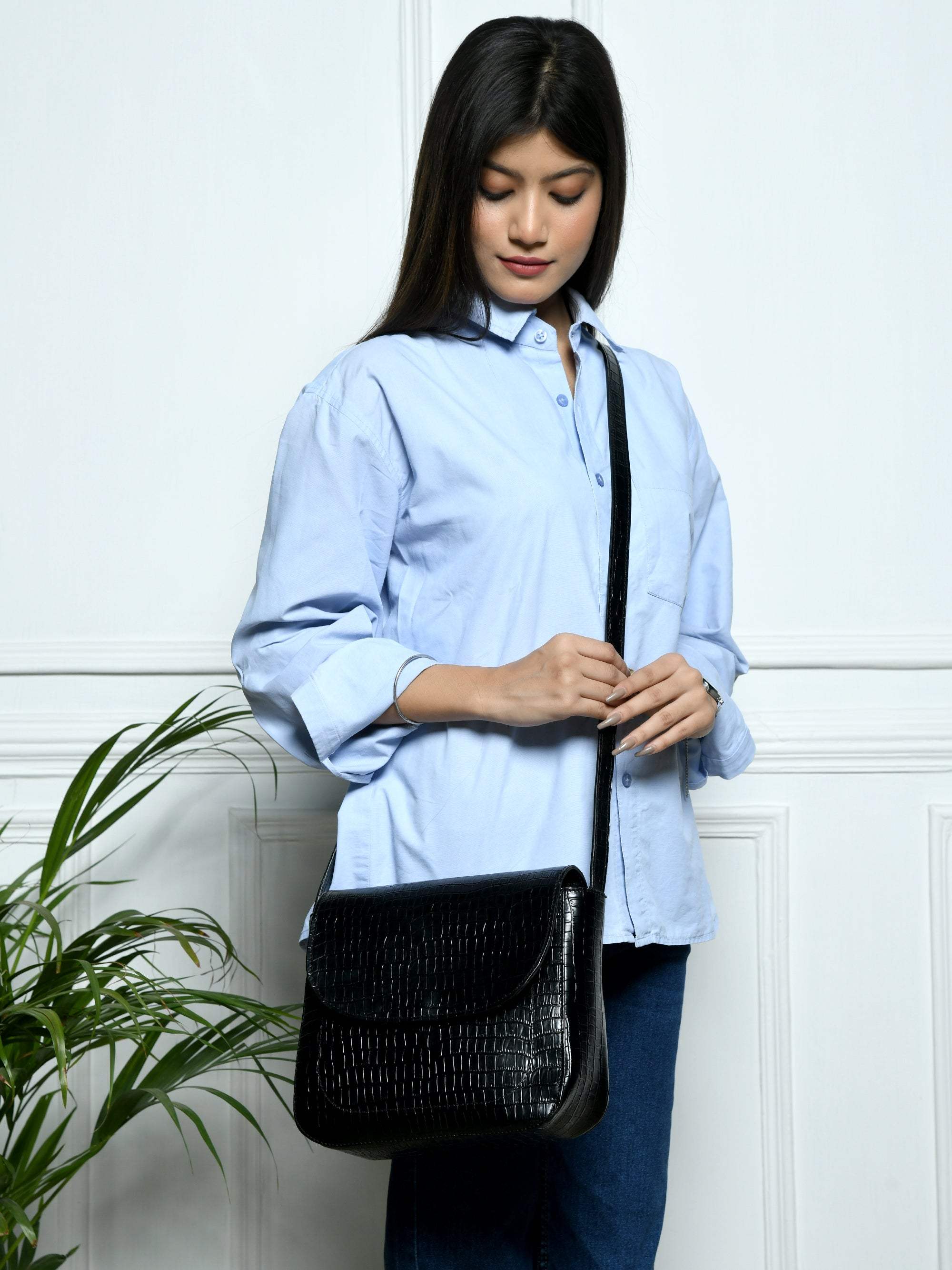 Diva Black Croco Sling Bag - Classy Leather Bags - Flyclothing LLC