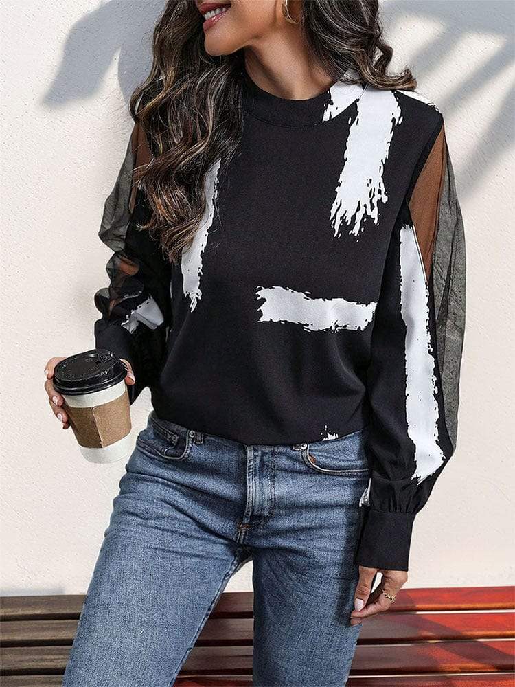Mock Neck Mesh Long Sleeve Blouse - Trendsi - Flyclothing LLC