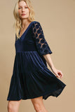 Umgee Dotted Lace Sleeve Tiered Velvet Mini Dress - Trendsi