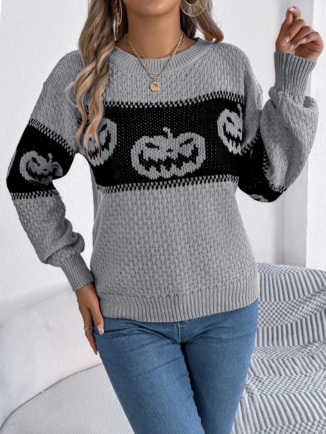 Pumpkin Round Neck Long Sleeve Sweater - Trendsi