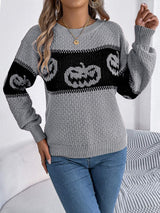 Pumpkin Round Neck Long Sleeve Sweater - Trendsi - Flyclothing LLC