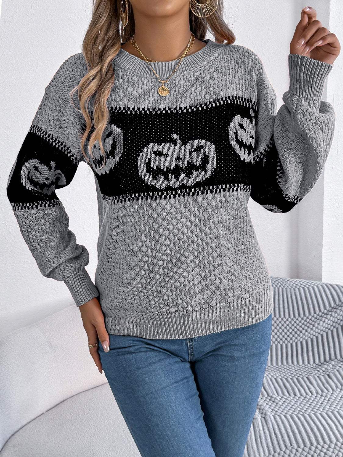 Pumpkin Round Neck Long Sleeve Sweater - Trendsi - Flyclothing LLC