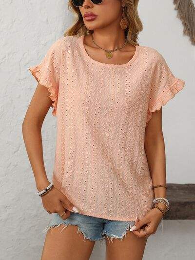 Mandy Eyelet Round Neck Short Sleeve Top - Trendsi - Flyclothing LLC