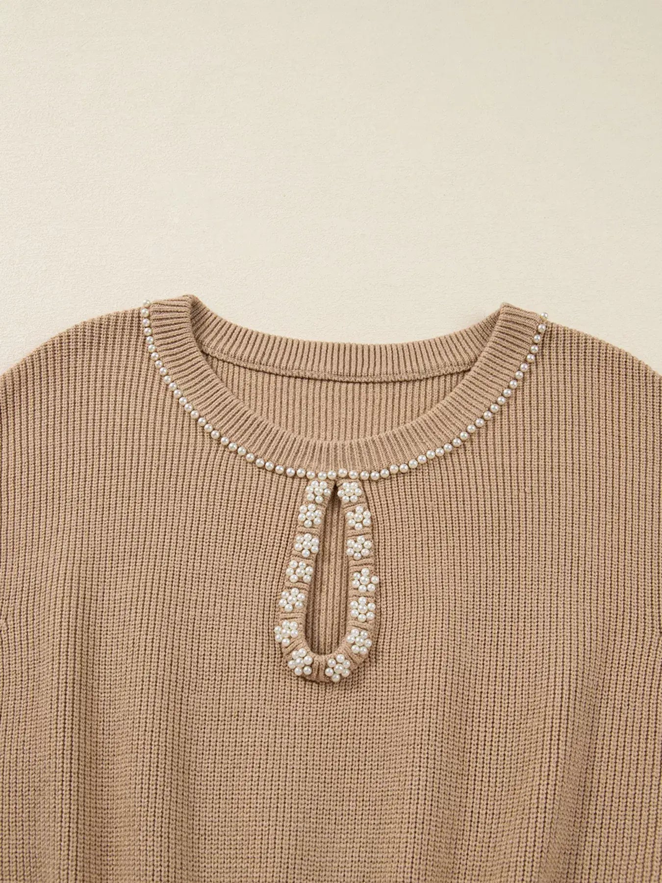 Pearl Embellished Keyhole Ribbed Sweater Dress - Trendsi - Flyclothing LLC