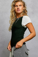 POL Round Neck Outseam Detail T-Shirt with Contrast Color Sleeves - Trendsi - Flyclothing LLC