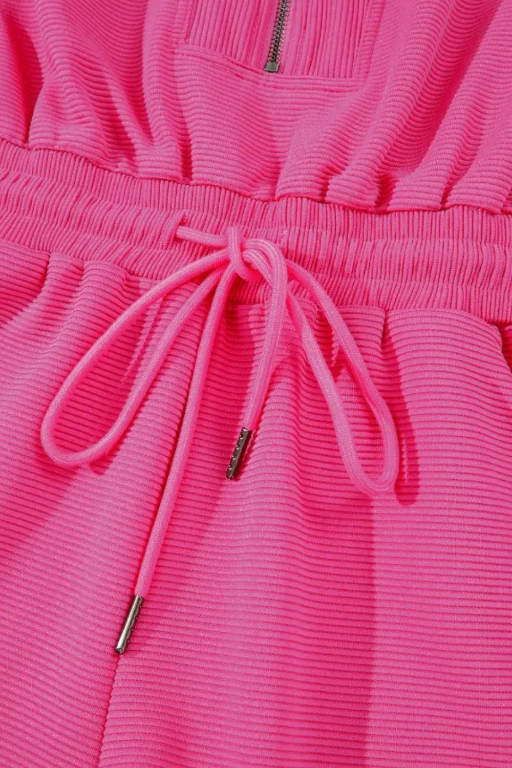 Textured Short Sleeve Half Zip Drawstring Waist Romper - Trendsi - Flyclothing LLC