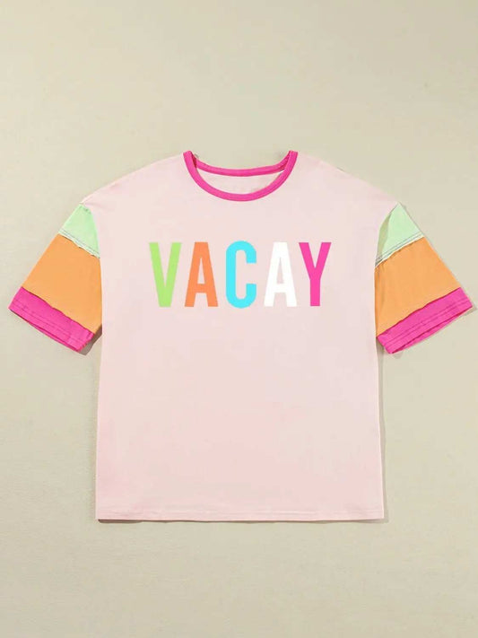 Letter Graphic Color Block Round Neck Half Sleeve T-Shirt - Trendsi - Flyclothing LLC