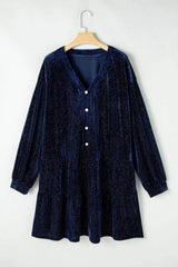 Plus Size Textured Velvet Decorative Button Long Sleeve Dress - Trendsi - Flyclothing LLC