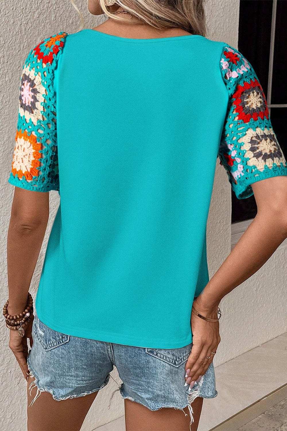 Geometric Round Neck Short Sleeve Blouse - Trendsi - Flyclothing LLC