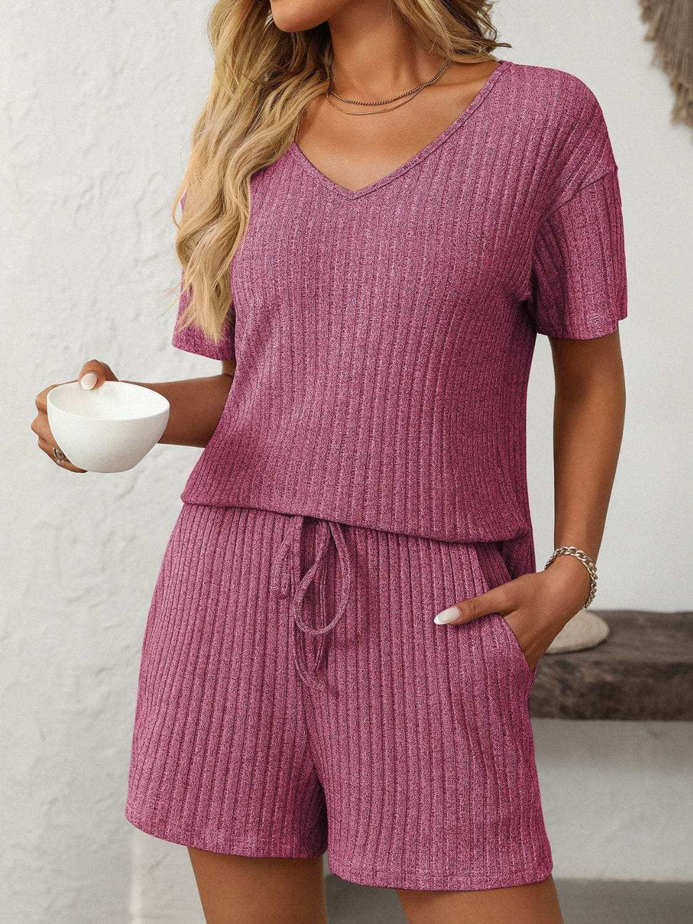 Mandy V-Neck Short Sleeve Top and Shorts Set - Trendsi - Flyclothing LLC