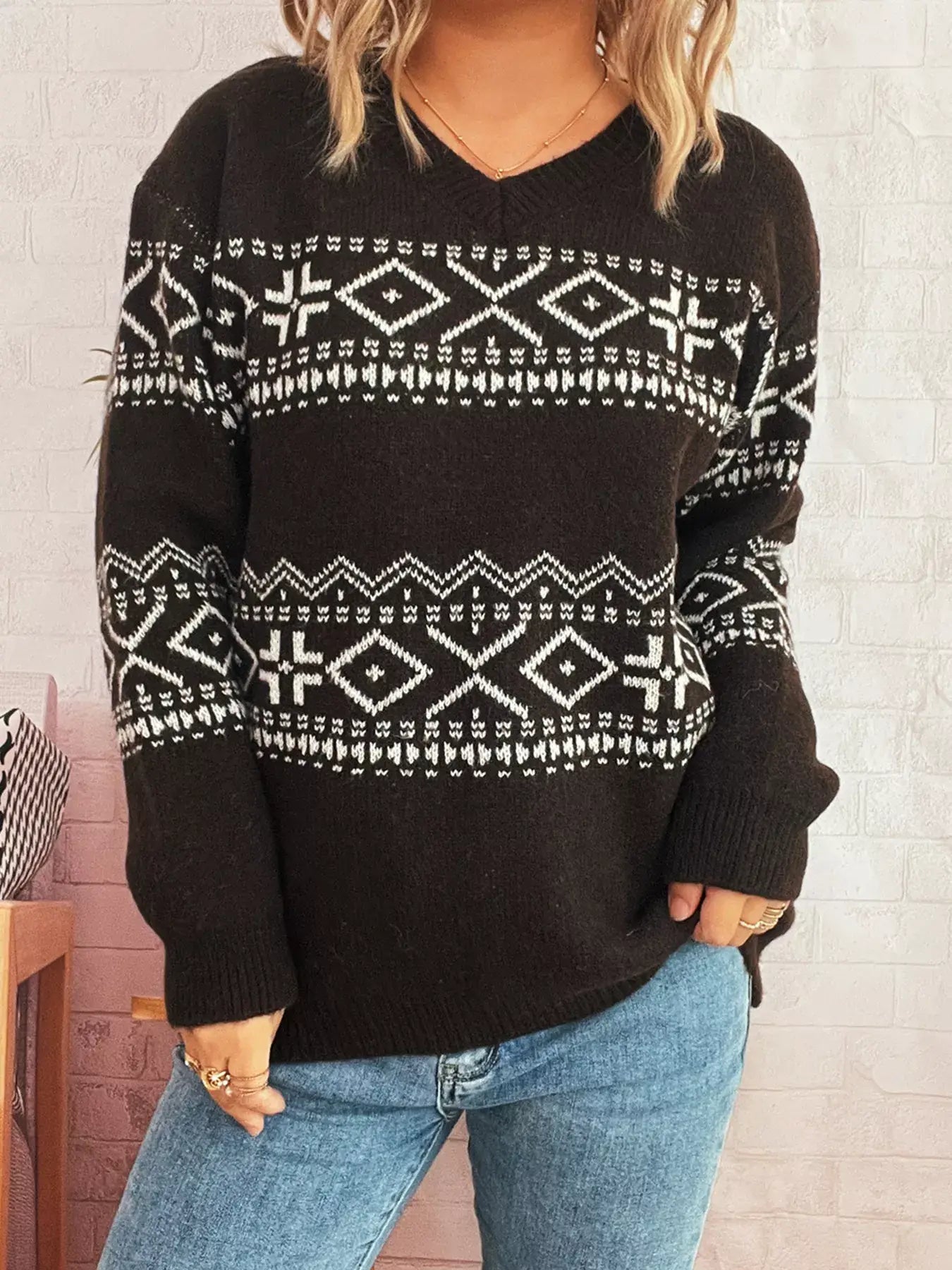 Geometric Dropped Shoulder Long Sleeve Sweater - Trendsi - Flyclothing LLC