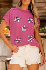 Exposed Seam Star Round Neck Short Sleeve Top - Trendsi - Flyclothing LLC