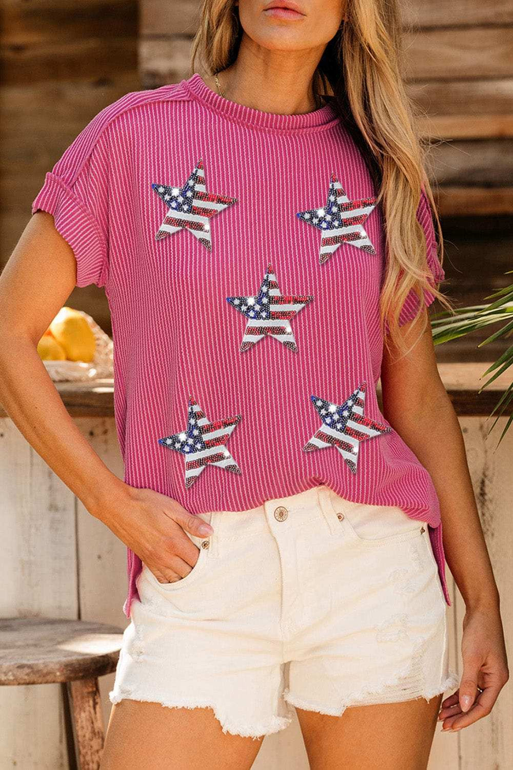 Exposed Seam Star Round Neck Short Sleeve Top - Trendsi - Flyclothing LLC