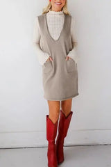 Lovelet Pocketed V-Neck Mini Sweater Overall Dress - Trendsi - Flyclothing LLC