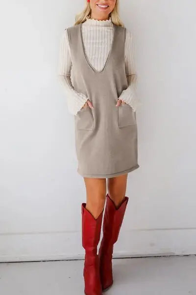 Lovelet Pocketed V-Neck Mini Sweater Overall Dress - Trendsi - Flyclothing LLC