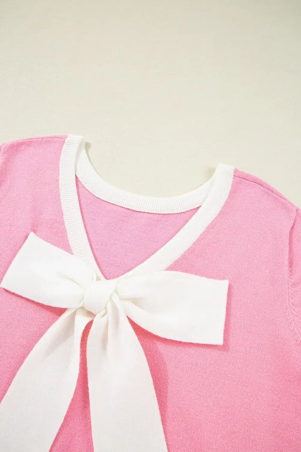 Bow Back Round Neck Short Sleeve Knit Top - Trendsi - Flyclothing LLC