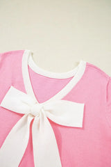 Bow Back Round Neck Short Sleeve Knit Top - Trendsi - Flyclothing LLC