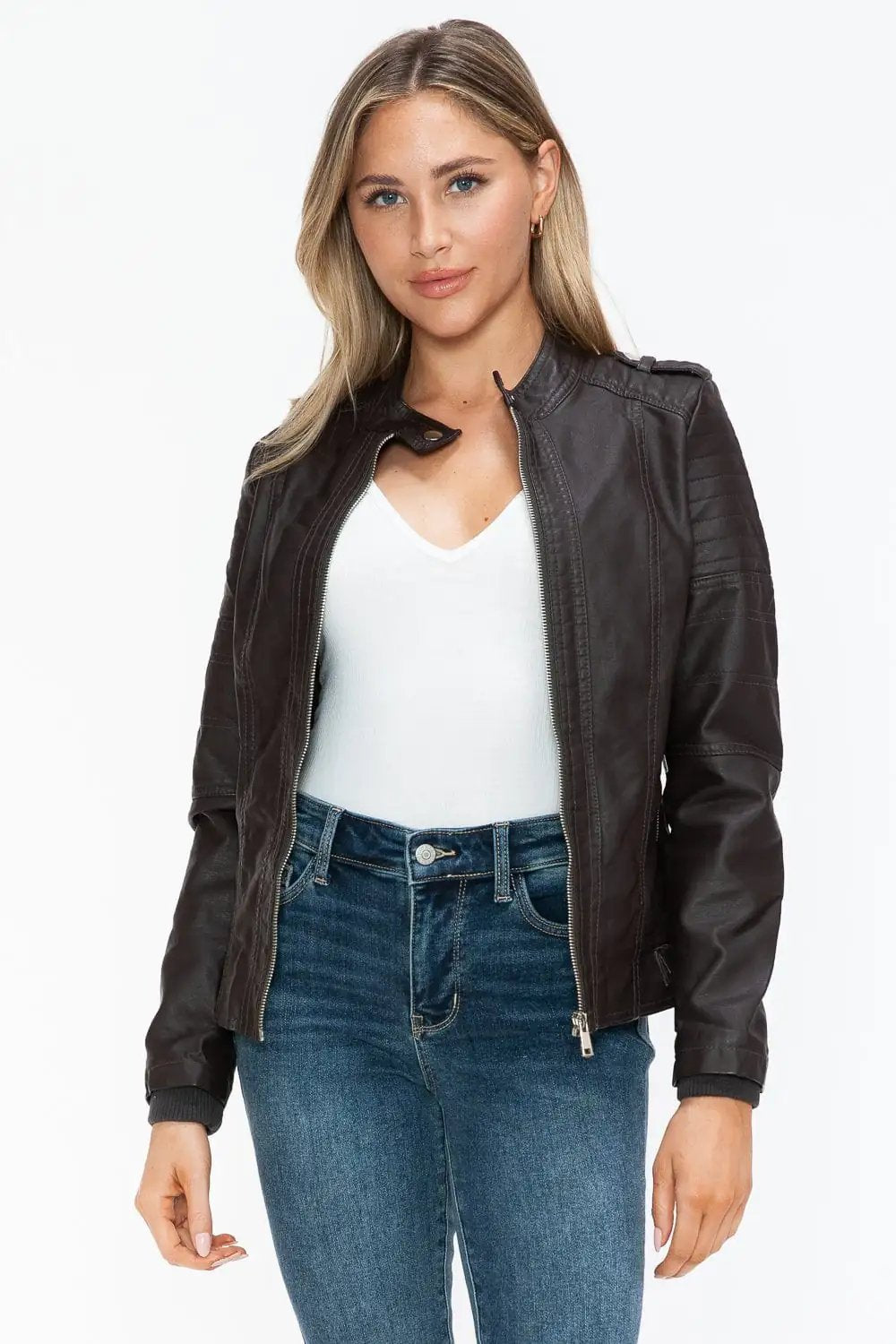 Snobbish PU Leather Biker Jacket with Side Zip Pockets - Trendsi