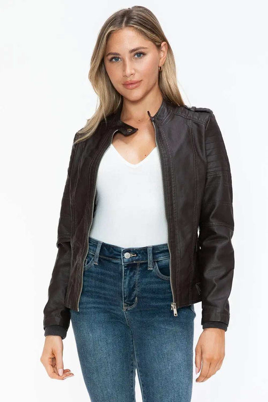 Snobbish PU Leather Biker Jacket with Side Zip Pockets - Trendsi - Flyclothing LLC