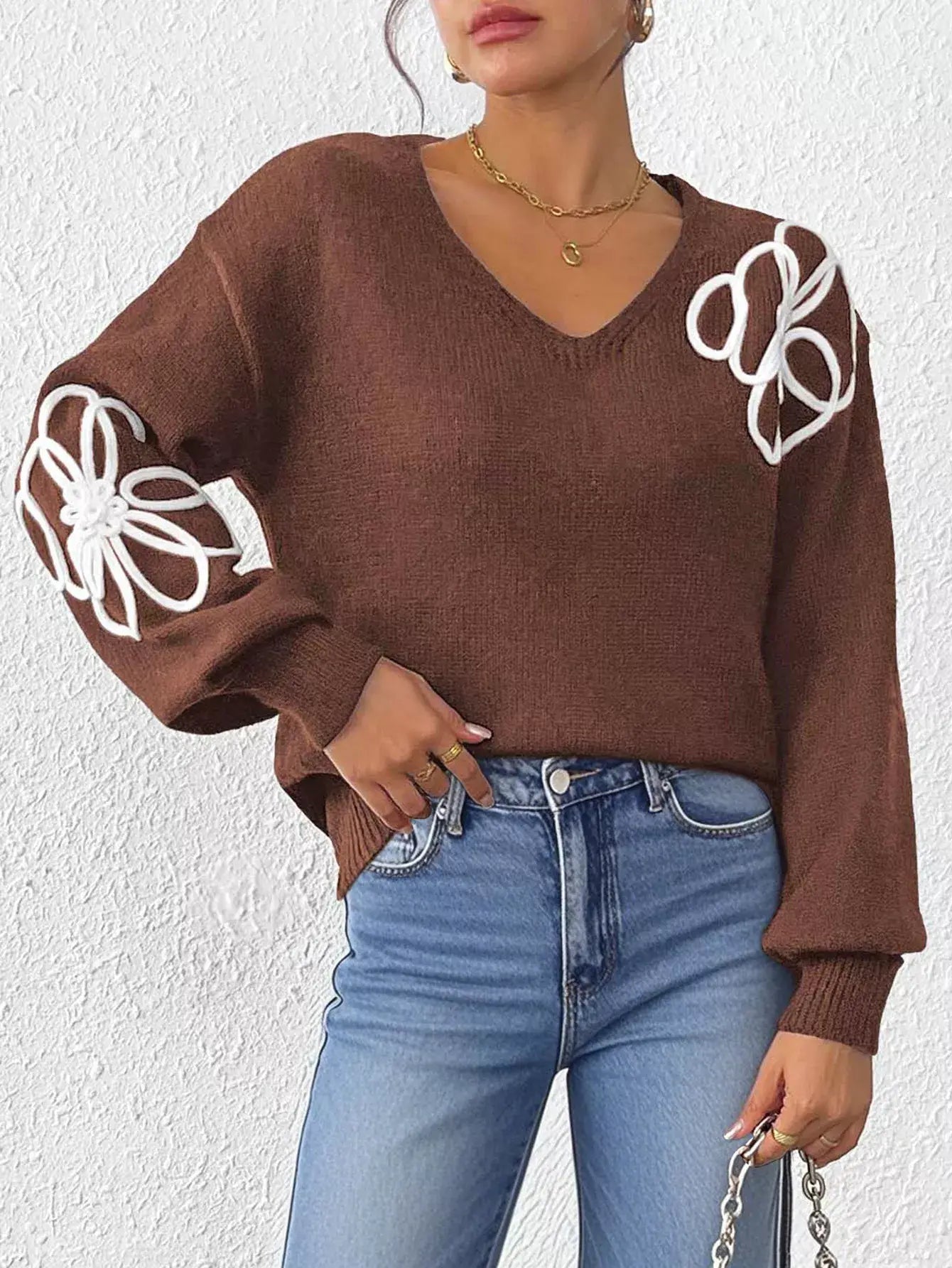 Flower V-Neck Long Sleeve Sweater - Trendsi - Flyclothing LLC