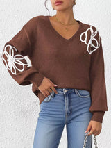 Flower V-Neck Long Sleeve Sweater - Trendsi - Flyclothing LLC