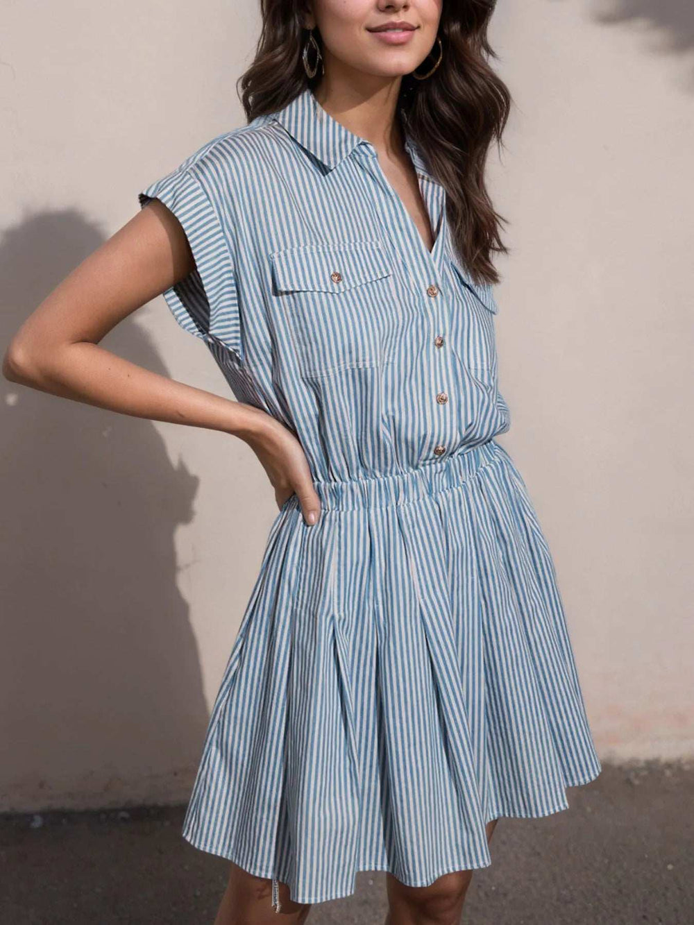Hlaf Button Striped Cap Sleeve Mini Shirt Dress - Trendsi - Flyclothing LLC