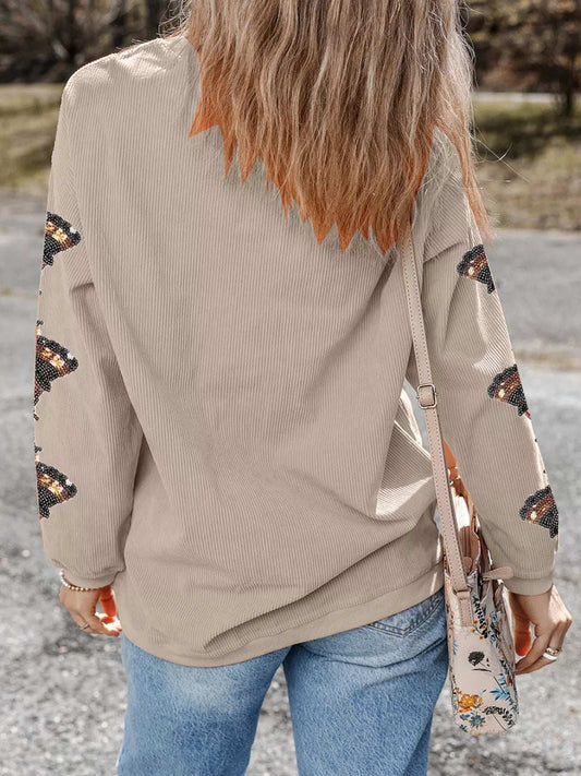 Gobble Corded Ribbed Thanksgiving Turkey Sequin Patched Sleeve Sweatshirt - Trendsi - Flyclothing LLC