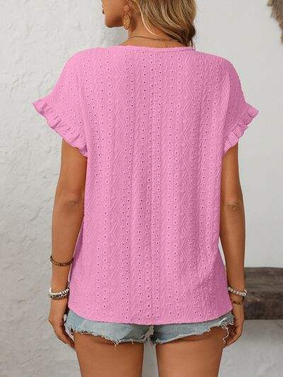 Mandy Eyelet Round Neck Short Sleeve Top - Trendsi - Flyclothing LLC