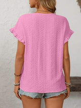 Mandy Eyelet Round Neck Short Sleeve Top - Trendsi - Flyclothing LLC