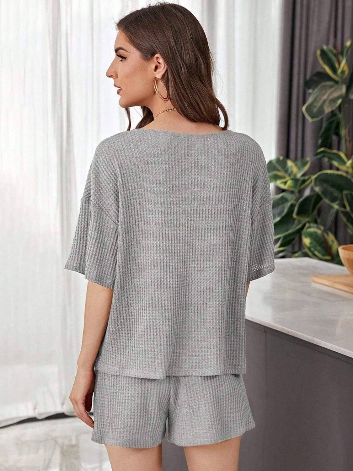 Full Size Waffle-Knit Dropped Shoulder Top and Shorts Set - Trendsi - Flyclothing LLC