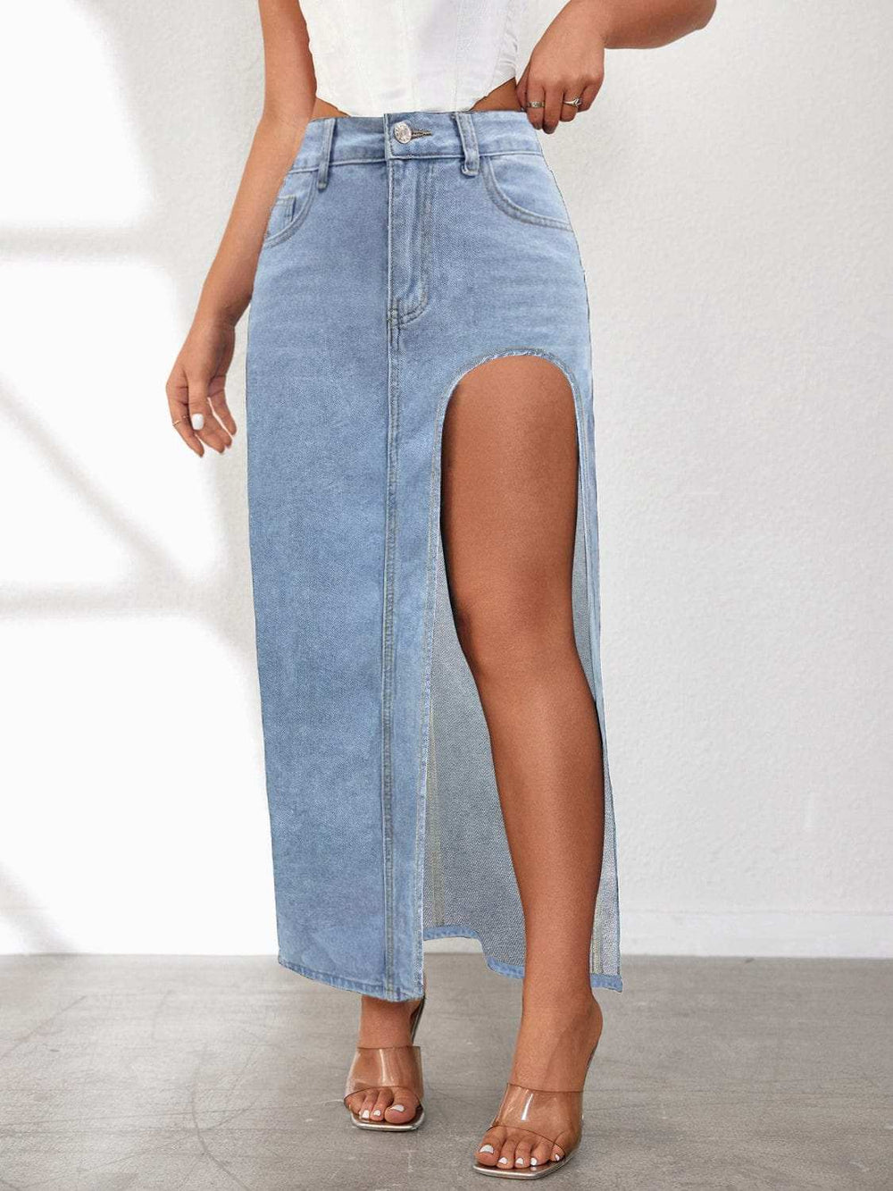 High Rise Slit Denim Skirt - Trendsi - Flyclothing LLC
