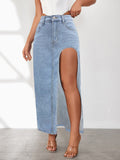 High Rise Slit Denim Skirt - Trendsi