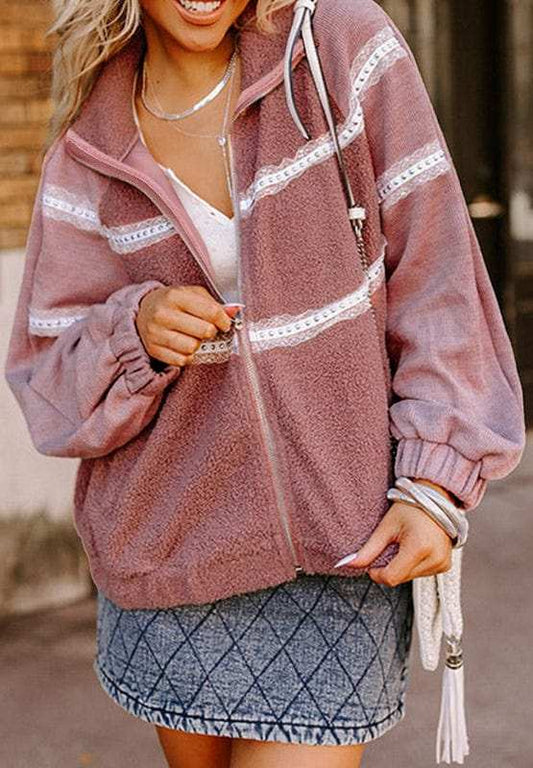 Lace Detail Zip Up Sherpa Patchwork Jacket - Trendsi - Flyclothing LLC