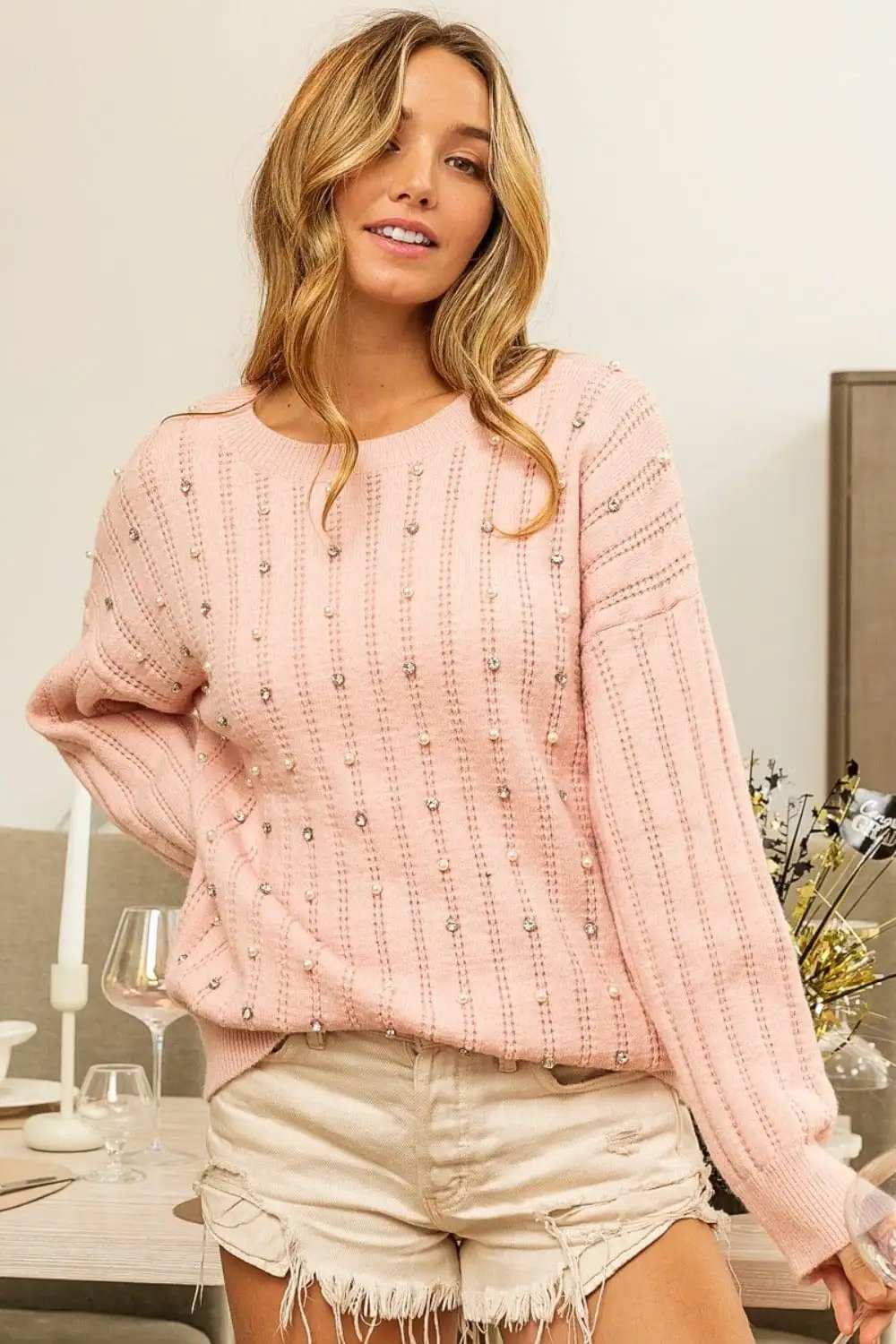 BiBi Pearl & Rhinestone Decor Long Sleeve Sweater - Trendsi - Flyclothing LLC