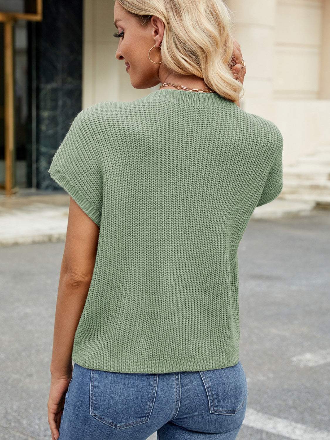 Round Neck Short Sleeve Sweater - Trendsi - Flyclothing LLC