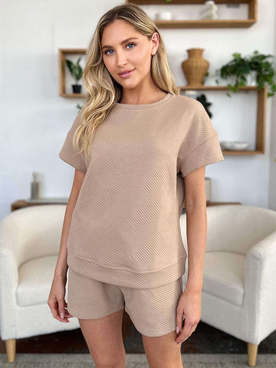 Double Take Full Size Texture Short Sleeve T-Shirt and Drawstring Shorts Set - Trendsi - Flyclothing LLC