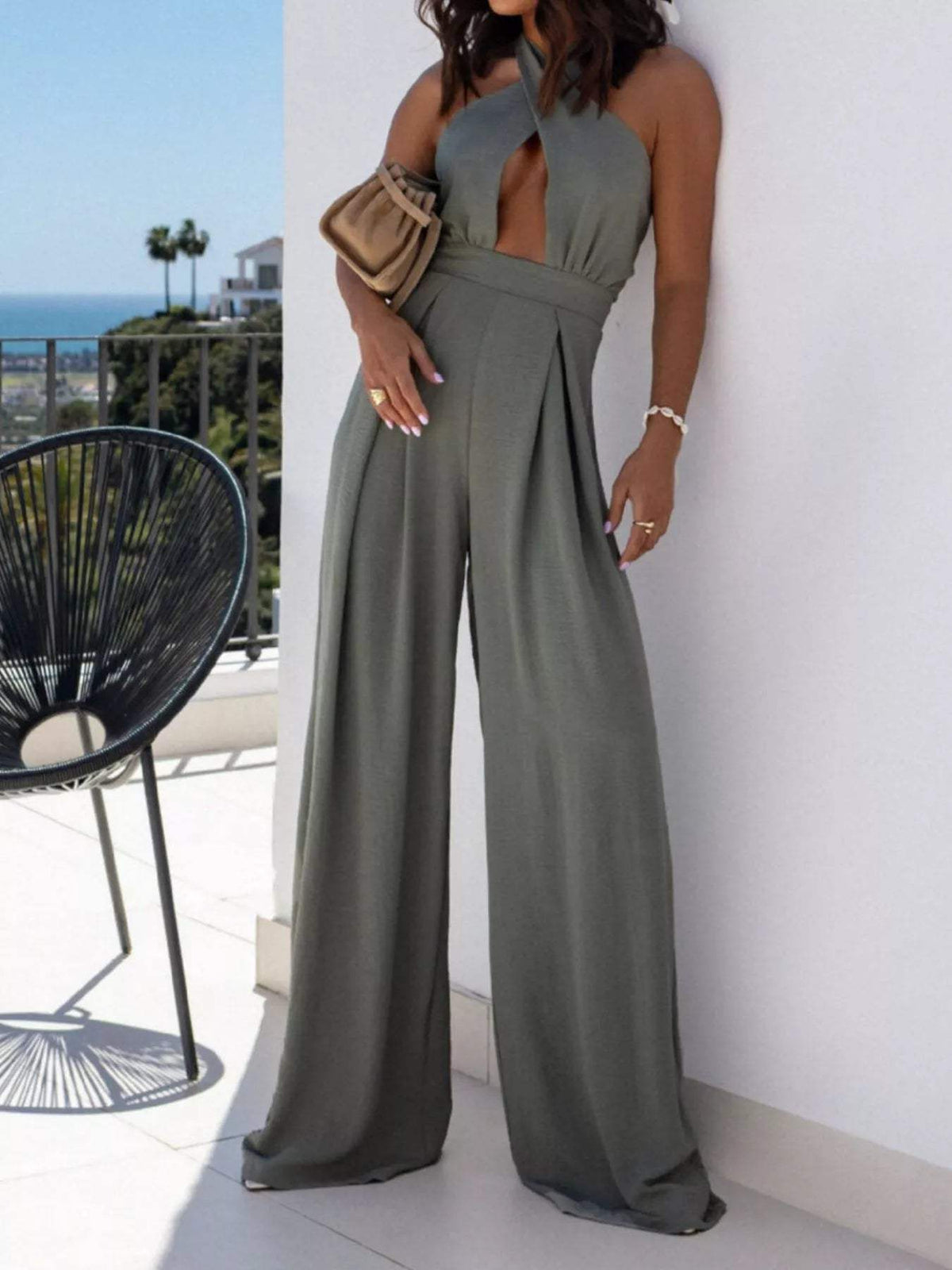 Halter Neck Cut-Out Wide-Leg Jumpsuit - Trendsi - Flyclothing LLC