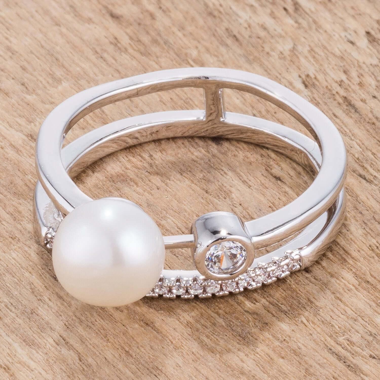 .15Ct Rhodium Plated CZ and Freshwater Pearl Contemporary Double Band Ring - JGI