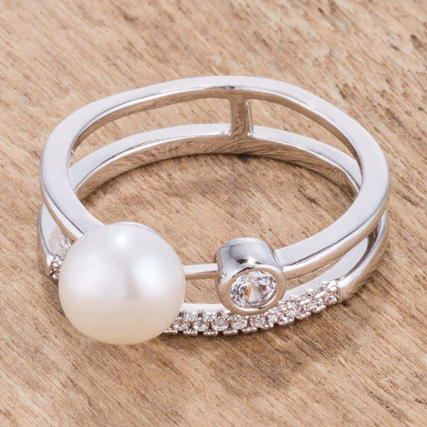 .15Ct Rhodium Plated CZ and Freshwater Pearl Contemporary Double Band Ring - JGI - Flyclothing LLC