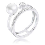 .15Ct Rhodium Plated CZ and Freshwater Pearl Contemporary Double Band Ring - JGI - Flyclothing LLC