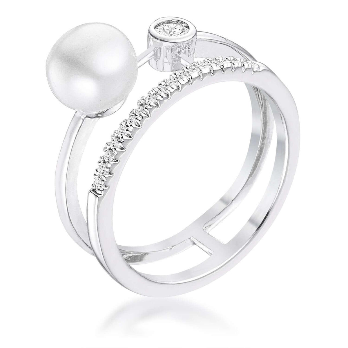 .15Ct Rhodium Plated CZ and Freshwater Pearl Contemporary Double Band Ring - JGI