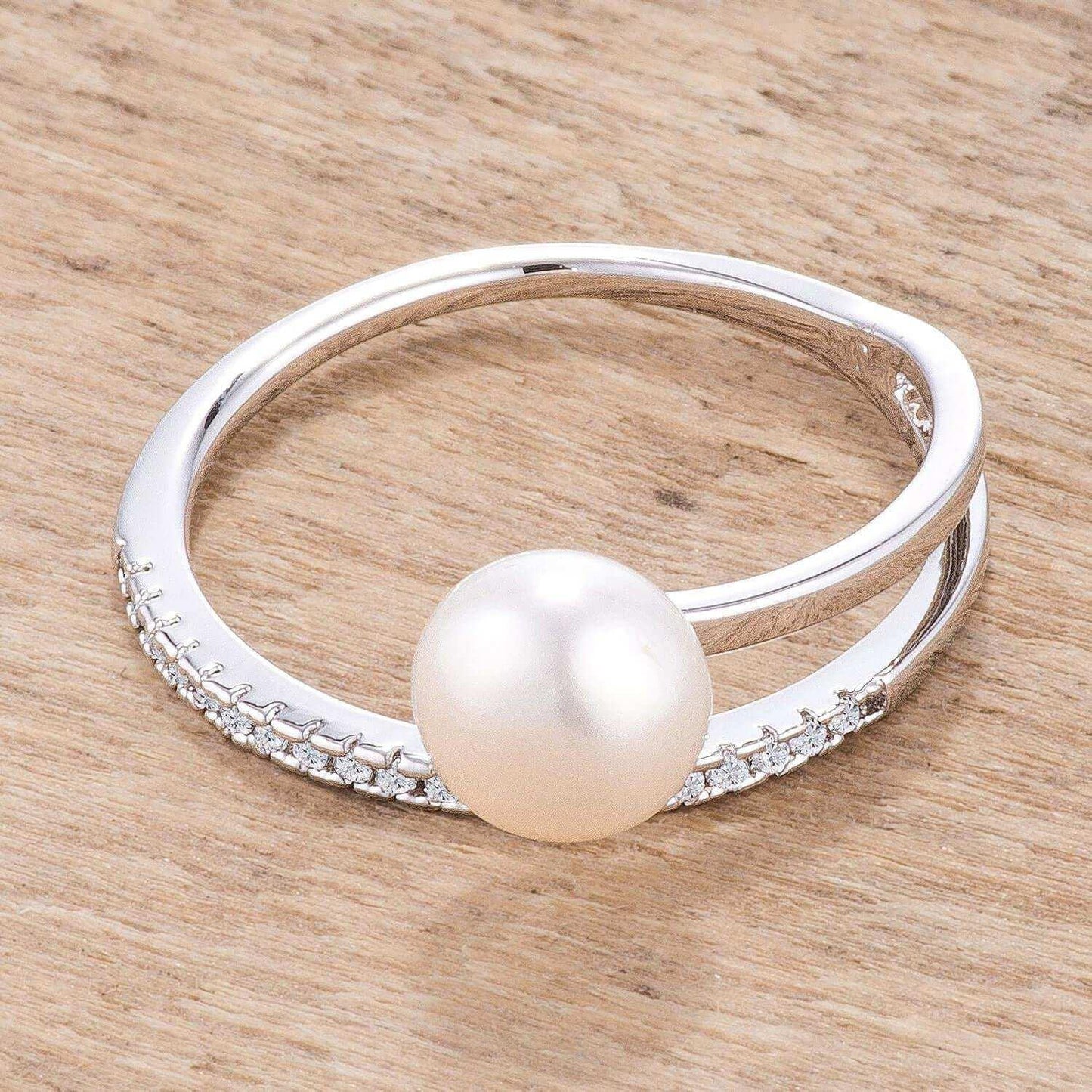.15Ct Rhodium Plated Freshwater Pearl Ring With CZ Micro Pave Band - JGI - Flyclothing LLC