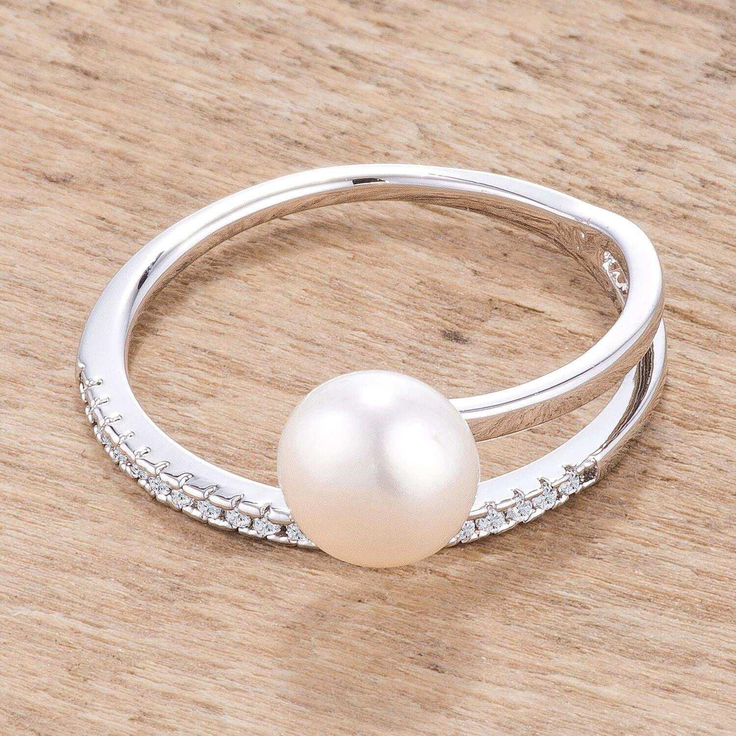 .15Ct Rhodium Plated Freshwater Pearl Ring With CZ Micro Pave Band - JGI - Flyclothing LLC